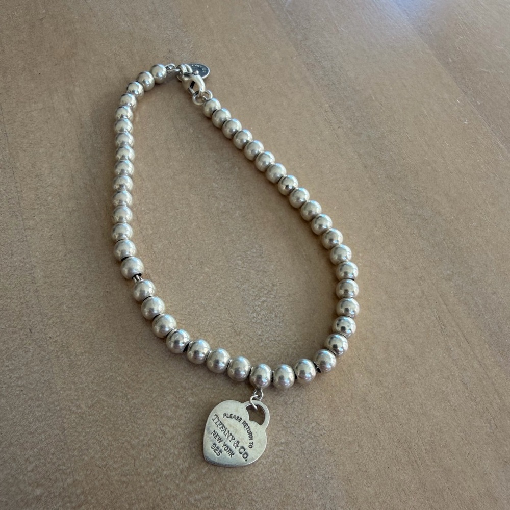 Tiffany & Co Silver Beaded Bracelet with Heart Charm